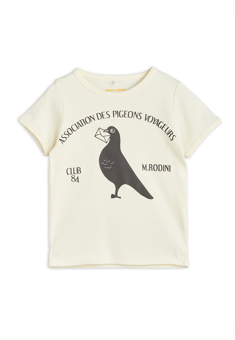 Kremowy bawełniany t-shirt z okrągłym dekoltem, z czarną grafiką gołębia trzymającego list oraz napisem "Association des Pigeons Voyageurs".