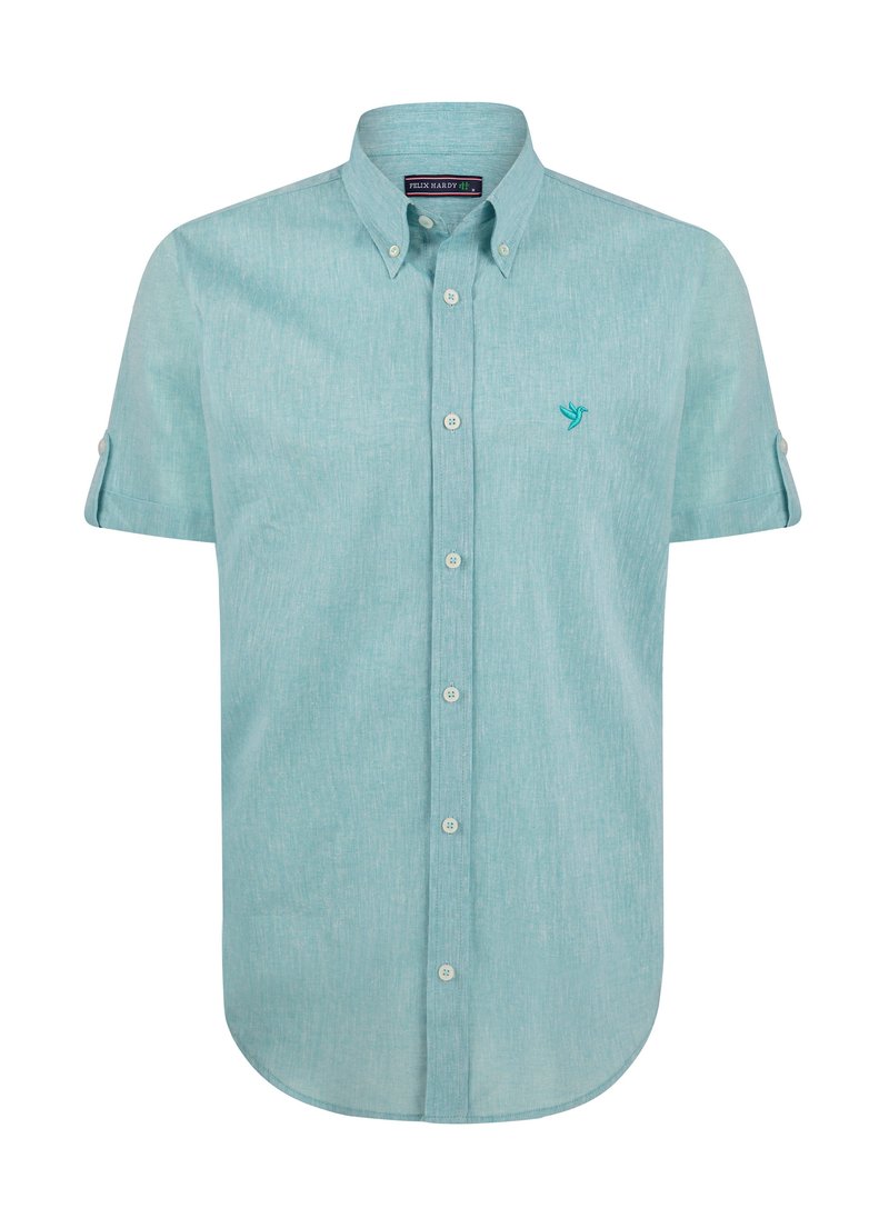 Camisa de botón de manga corta en tejido texturizado azul claro. Cuenta con un collar y un logo bordado de un pájaro en el pecho. Corte ajustado.