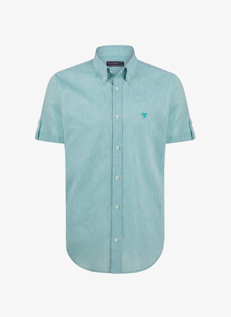 Korte mouwen knoopshirt van lichtblauwe textuurstof. Beschikt over een kraag en een geborduurd vogellogo op de borst. Tailored fit.