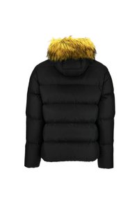 Chaqueta acolchada negra con capucha adornada con un ribete de piel sintética amarilla brillante, mostrada de espaldas sobre un fondo blanco.