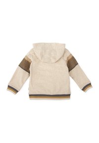 Sudadera de color beige claro con capucha texturizada, que presenta detalles decorativos en marrón y amarillo en las mangas y un dobladillo acanalado.
