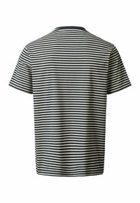 T-shirt à manches courtes à rayures horizontales bleu marine et blanches, vu de dos sur fond blanc.