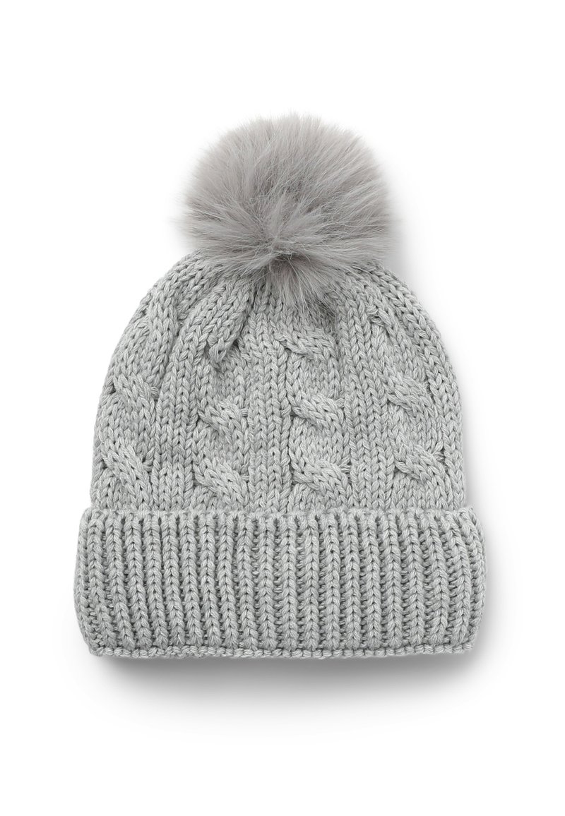 Szara, dziana czapka z warkoczowym wzorem, z szerokim ściągaczem i miękkim, sztucznym pomponem na szczycie.