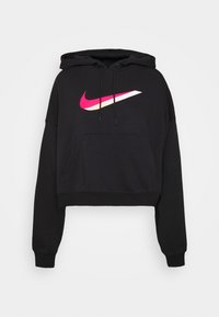 Černá krátká mikina s kapucí zdobená růžovo-bílým logem Nike Swoosh na hrudi, s kapucí na stažení a klokaní kapsou.