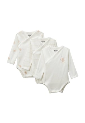 Trois bodies blancs à manches longues pour bébé, en coton doux. L'un a un léger imprimé animal, un autre a de fines rayures, et le dernier présente un motif d'ours.