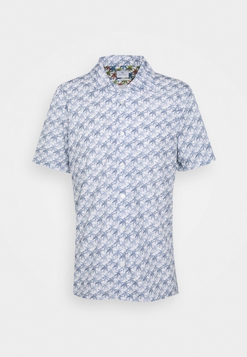 Chemise à manches courtes boutonnée avec un motif de palmiers bleus et blancs sur fond clair.