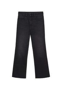 Black denim jeans with a straight leg design, five-pocket styling, and a classic button and zipper closure. Soft, smooth texture.