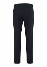 Zwarte broek met een recht gesneden ontwerp, voorzien van twee achterzakken en een gladde textuur. Gemaakt van duurzame stof, met minimale hardware zichtbaar.