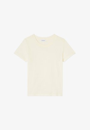 Trumpa rankovė T-marškiniai šviesiai geltonos spalvos, pagaminti iš medvilnės, su apvalia kaklaskare ir lygiu paviršiumi be akivaizdžių raštų ar akcentų.