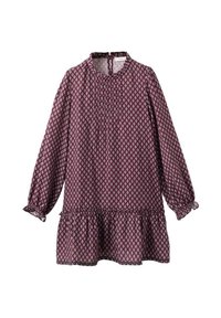 Rochie burgundă cu mâneci lungi, având un model în diamond, cu un gât strâns, pliseuri și o margine volantată. Material ușor.