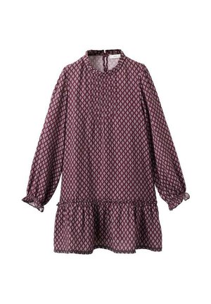 Langärmliges, burgunderfarbenes Kleid mit einem diamantförmigen Muster, mit gerafftem Hals, Falten und einem Volantsaum. Leichtes Material.