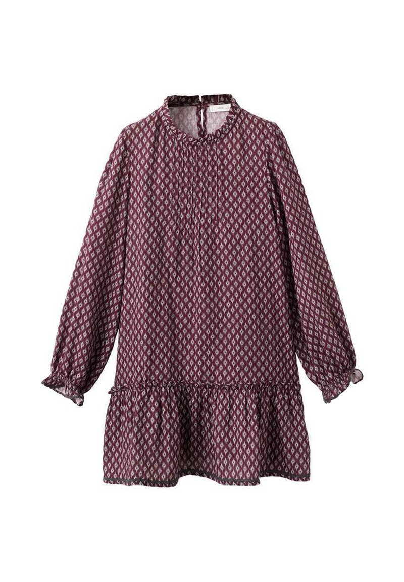 Rochie burgundă cu mâneci lungi, având un model în diamond, cu un gât strâns, pliseuri și o margine volantată. Material ușor.