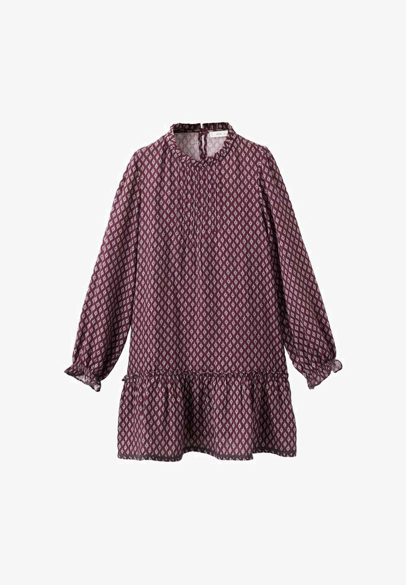 Dolga rokavica, burgundska obleka z diamantnim vzorcem, z nabranim ovratnikom, pliseji in valovitim robom. Lahkoten material.