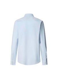 Lichtblauw langemouwen shirt van katoen. Heeft een puntkraag, knoopmanchetten en een rechte zoom zonder zichtbaar patroon.