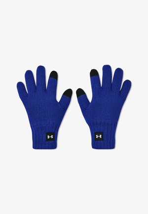 Guantes de lana azules con puntas y puños negros, que cuentan con un pequeño parche de logo negro. El material es texturizado y flexible.