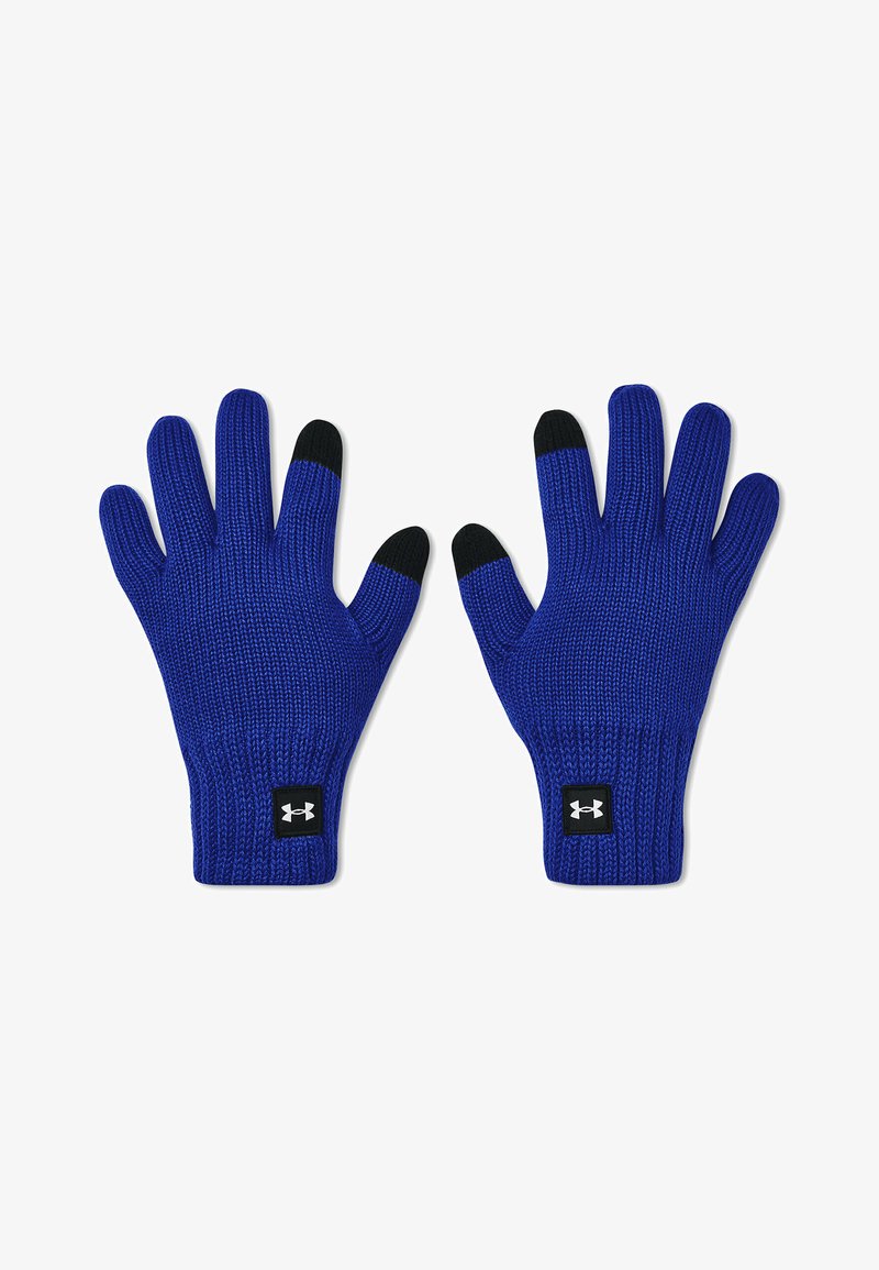 Blauwe gebreide handschoenen met zwarte vingertoppen en manchet, voorzien van een klein zwart logopatch. Het materiaal is gestructureerd en flexibel.