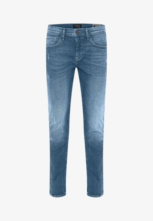 Light blue denim jeans with a slim fit, featuring slight distressing, stitching details, five pockets, and a button closure at the waist.