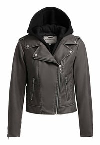 Melnas rakstura tērauda ādas motociklistu jaka ar diagonālu priekšējo rāvējslēdzēju, kabatām ar rāvējslēdzējiem sānos, apkaklēm ar sprādzēm un piestiprinātu melnu kapuci.
