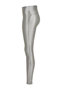 Colanți gri deschis realizați dintr-un material neted și elastic. Croială strâmtă cu talie înaltă și părți laterale fără cusături. Fără modele sau accente vizibile.