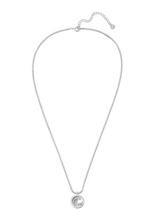 Silberne Halskette mit einem kreisförmigen Anhänger im Wellen-Design. Die Kette hat ein zartes Finish und einen verstellbaren Glied zur Längenanpassung.