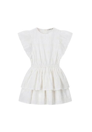 Robe courte blanche avec manches volantées, taille cintrée et jupe à volants en tissu texturé.