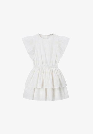 Robe courte blanche avec manches volantées, taille cintrée et jupe à volants en tissu texturé.