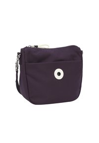 Borsa a tracolla in nylon viola con zip superiore, tasca frontale e accento circolare in argento. Dotata di tracolla regolabile e texture liscia.