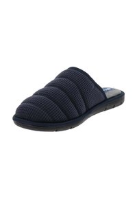 Pantofole in tessuto trapuntato blu navy con retro aperto, uppers imbottiti e suola in gomma nera, inclinate verso destra.