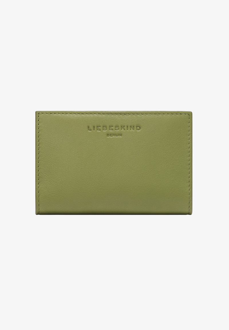 Portefeuille rectangulaire en cuir vert olive avec surpiqûres apparentes et "Liebeskind Berlin" embossé au centre avant.