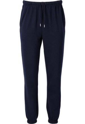 Marineblauwe sweatpants met elastische tailleband en koord, met elastische boorden en een gladde katoenmix textuur.
