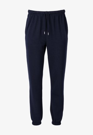Marineblauwe sweatpants met elastische tailleband en koord, met elastische boorden en een gladde katoenmix textuur.