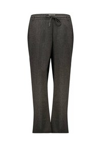 Grijze pinstripe broek van een geweven stof. Bevat een drawstring in de taille en heeft een rechte pasvorm met een lichte flare aan de onderkant.