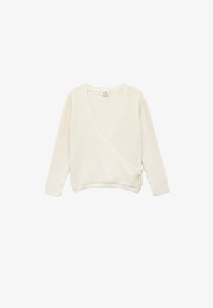 Maglione avvolgente bianco con texture, scollo a V profondo e maniche lunghe. Presenta una chiusura con legatura laterale e un'orlo aderente.