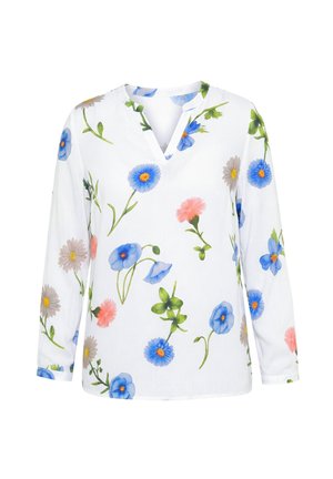 Blusa blanca de manga larga con estampado floral en azul, rosa y beige, con escote en V y pequeño cuello mao.