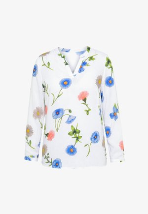 Bílá halenka s dlouhým rukávem s modrým, růžovým a béžovým květinovým vzorem, s výstřihem do V a malým stojáčkem.
