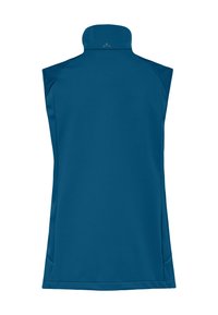 Blaues ärmelloses Weste mit hohem Kragen, glattem Stoff und dezenten genähten Nähten, von hinten gezeigt.