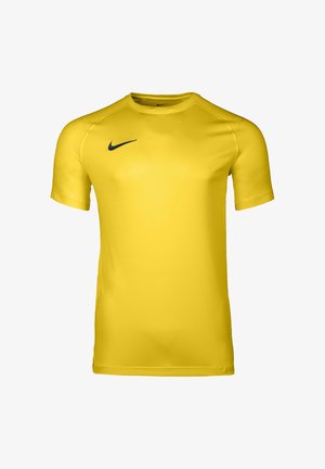 T-shirt de sport jaune à manches courtes avec col rond et logo Nike swoosh noir sur la poitrine droite.