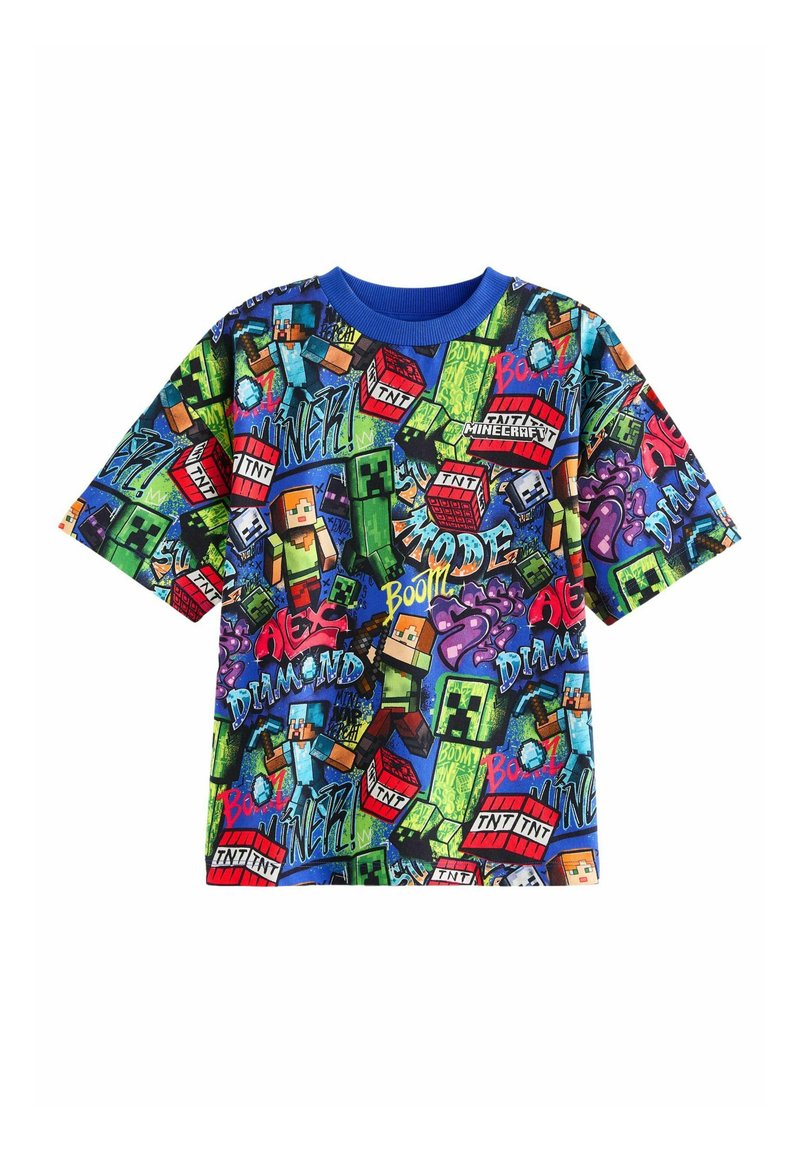 Kurzes T-Shirt mit einem bunten Minecraft-Graphic-Print, hauptsächlich in Grün, Blau und Rot, mit verschiedenen Charakteren und Mustern.