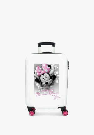 Maleta rígida blanca con ruedas y asa rosas, con Minnie Mouse con un lazo rosa de lunares y el texto "con amor Minnie Mouse 1940".