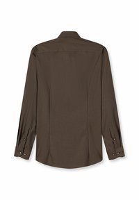 Braunes Langarmhemd mit strukturierter Musterung, klassischem Kragen und geknöpften Manschetten. Verfügt über einen Einsatz im Rückenbereich.