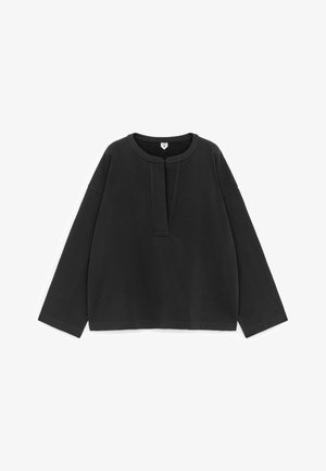 Zwarte, lange mouwen sweatshirt met een ronde hals en een korte knoopsluiting. Gemaakt van zachte stof met een gladde textuur en een ontspannen pasvorm.