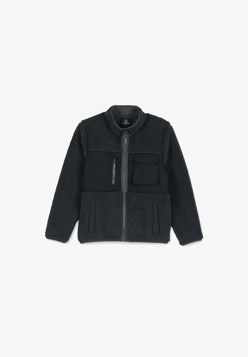 Schwarze Fleecejacke mit Reißverschluss vorne, strukturiertem Stoff und zwei Fronttaschen – eine mit Reißverschluss und eine mit Klappe. Weiches, warmes Material.