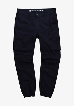 Marine Cargo-Hosen mit elastischen Bündchen, mehreren Taschen und flachem Frontdesign. Hergestellt aus strapazierfähigem Stoff, mit einem Knopfverschluss und Gürtelschlaufen.