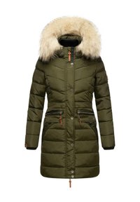 Olive green padded parka with a faux fur hood, double zip pockets, and metal snap buttons. Features chevron stitching and contrasting trims.