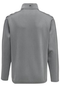 Pullover grigio con colletto, dotato di maniche lunghe, texture liscia e dettagli a strisce nere sulle spalle. Vista posteriore mostrata.