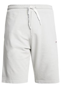 Pantalones cortos de color gris claro, confeccionados con un material suave. Cuentan con una cinturilla elástica con cordón, bolsillos laterales y un pequeño detalle de logo.