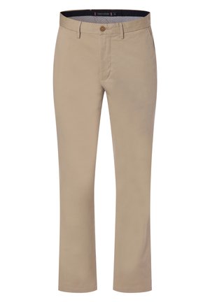 Beige Baumwollhosen mit geradem Schnitt, Knopfverschluss und subtiler Textur. Verfügt über ein gestreiftes Innenband und Seitentaschen.