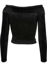 Svart av-shoulder topp med lange ermer, laget av ribbestrikket stoff. Tett sittende design med cropped hem og glatt tekstur.