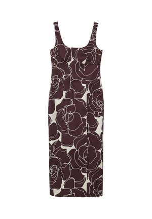 Abito midi aderente senza maniche con grande motivo floreale astratto marrone e bianco e scollo quadrato.