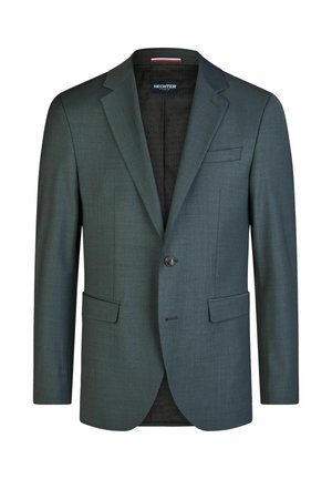 Mørkegrøn herreblazer med enkelt knap, hakkede revers, brystlomme og to klaplommer, vist mod en hvid baggrund.